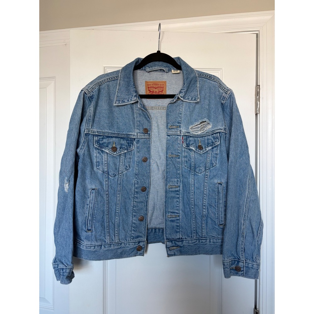 Levis Waterless Distressed Denim Trucker Jacket Light Wash Blue Mens Medium